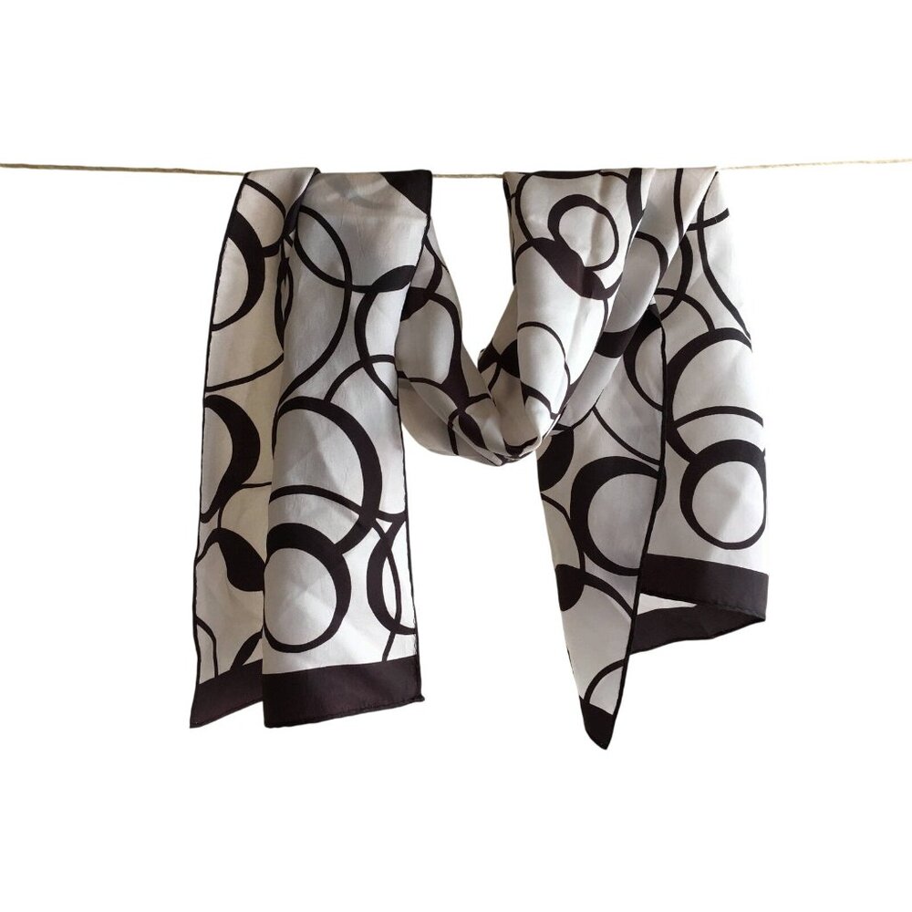 Vintage 1970s Japan-Made White & Black Oblong Scarf With Abstract Circle Print